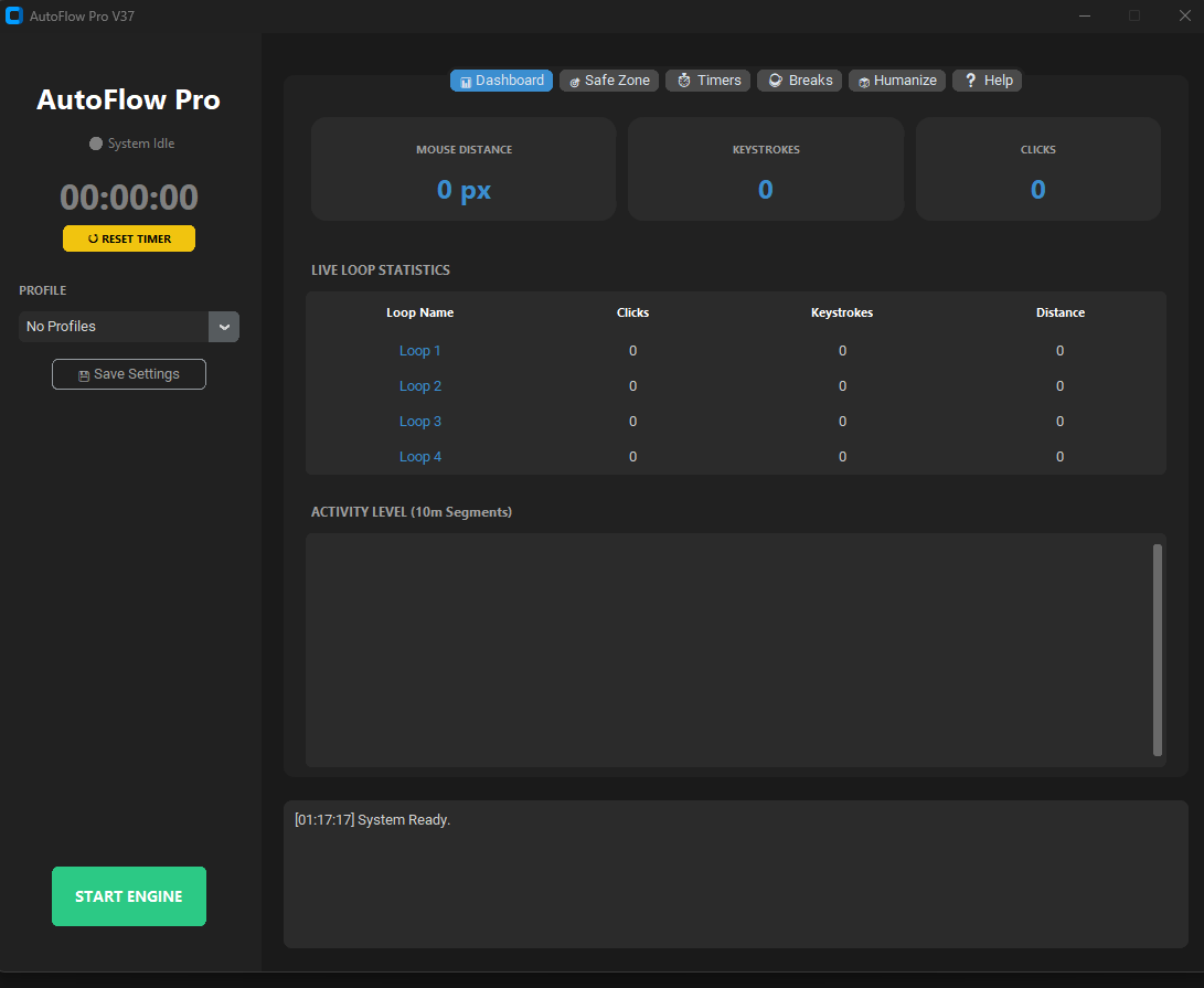 AutoFlow Plus Dashboard Interface with Safe Zone and Activity Metrics